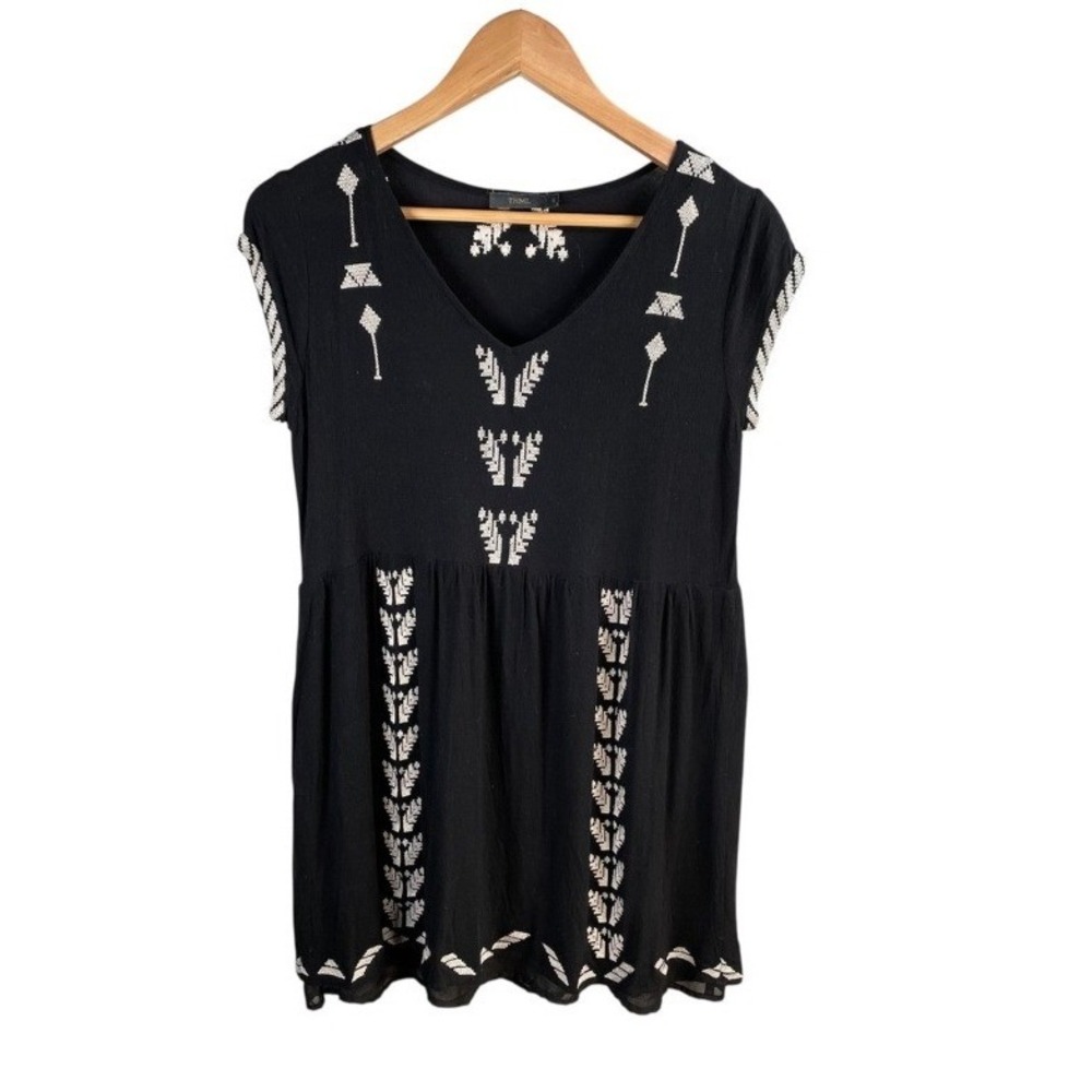 THML Embroidered Boho Cap Sleeve Babydoll Tunic Dress‎ Small Cottage Festival